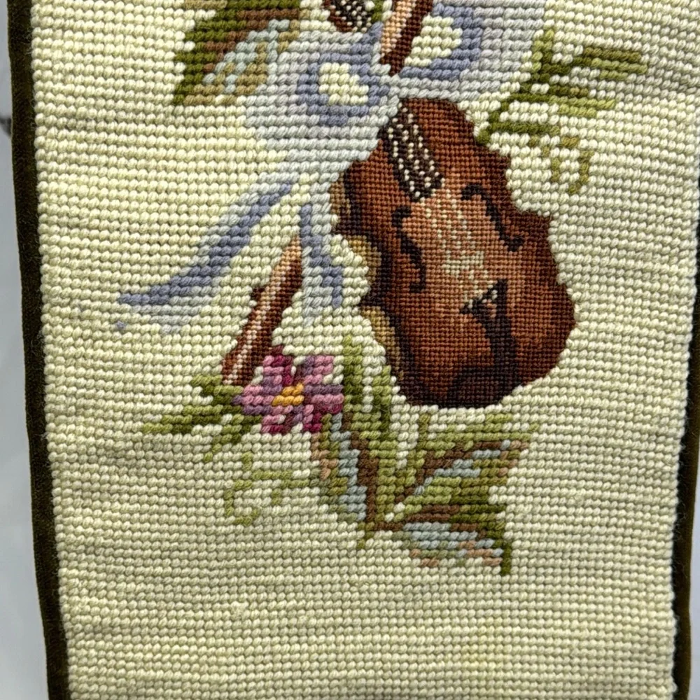 Vintage Petit Point Bell Pull Needle Point Velvet Backed Musical & Floral Design
